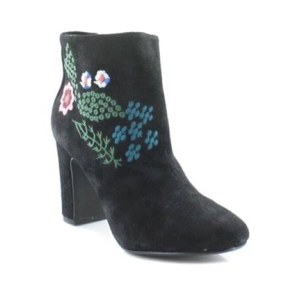 Nanette Lepore Beverly Black Suede Floral Embroidered Block Heel Boots Size 7.5